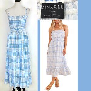 MINKPINK Emery Sleeveless Plaid White & Blue Summer Midi Dress Sz M